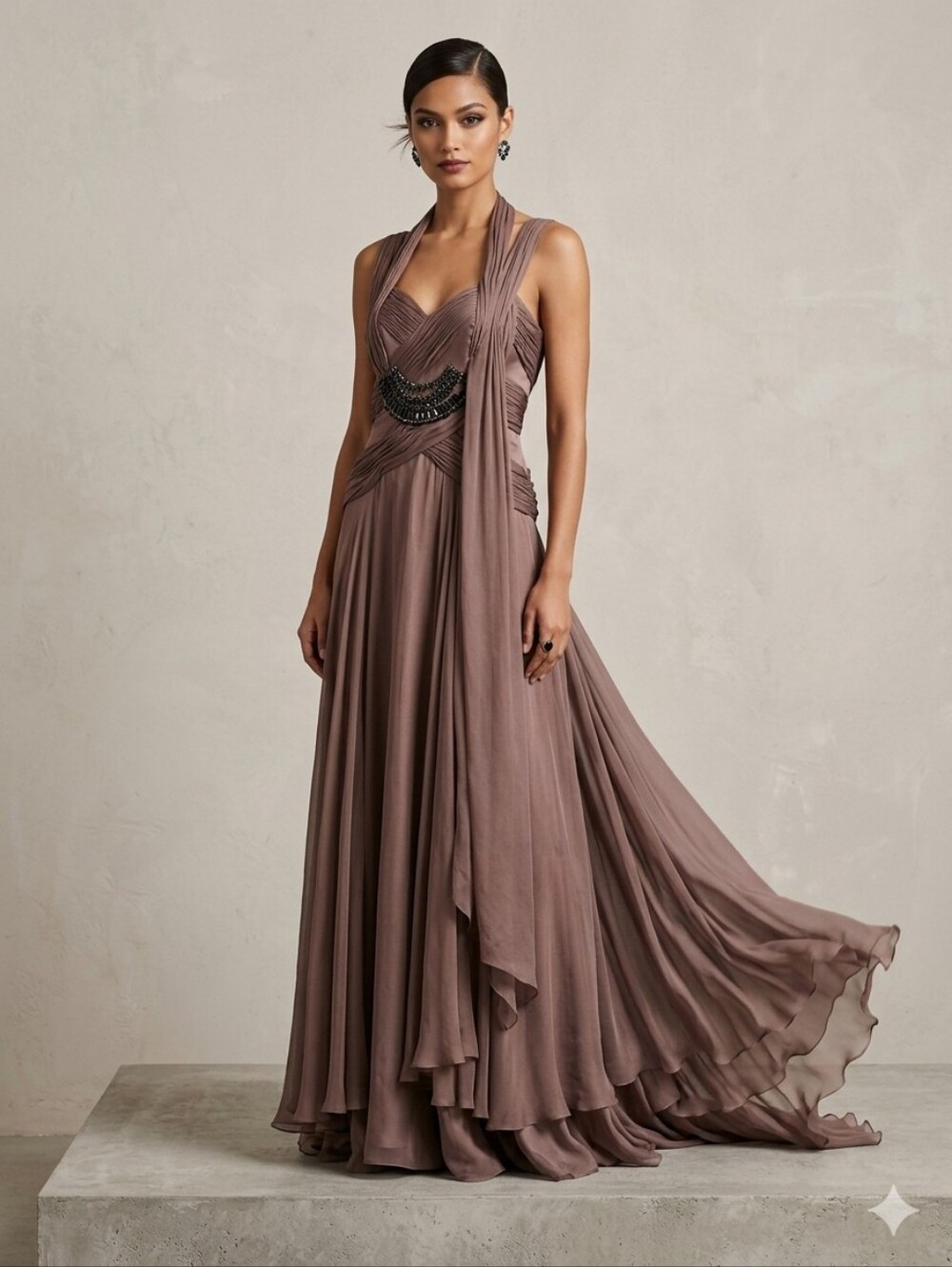 Coli Couture Taupe Evening Gown Sleeveless Embellished Maxi